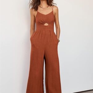 Rust Orange Cut Out Sleeveless Jumpsuit Linen Blend